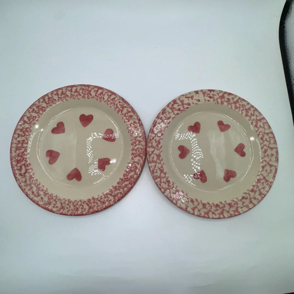 FP Friendship Pottery Roseville USA Plates Bowls Mugs Pink Spongeware Heart‎ 8PC